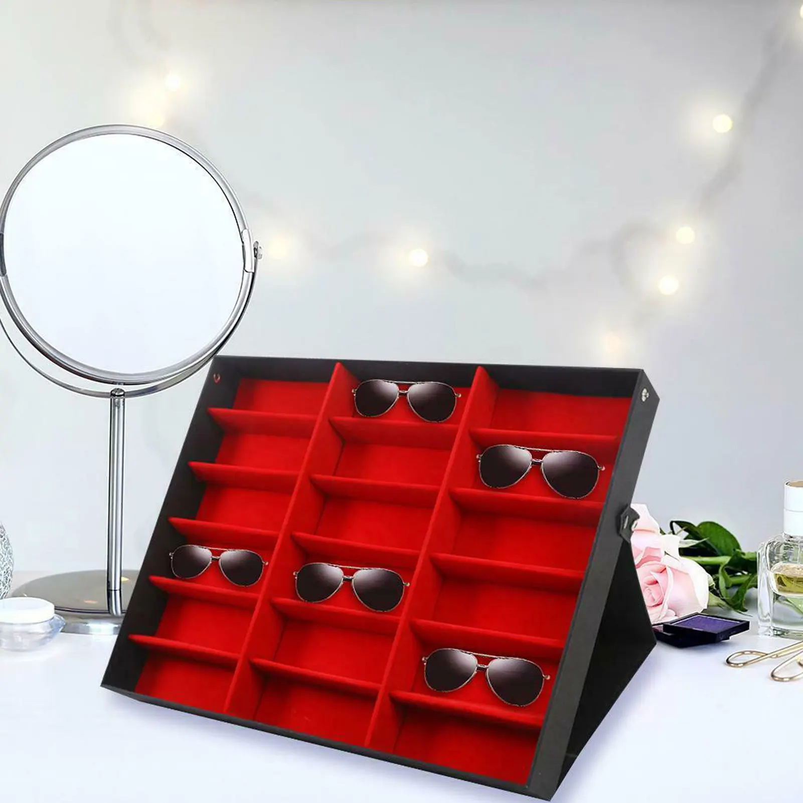 

18 Slots Jewelry Glasses Display Case Eyewear Storage Box Flannel Stand Rack for Sunglasses Reading Glasses Organizer