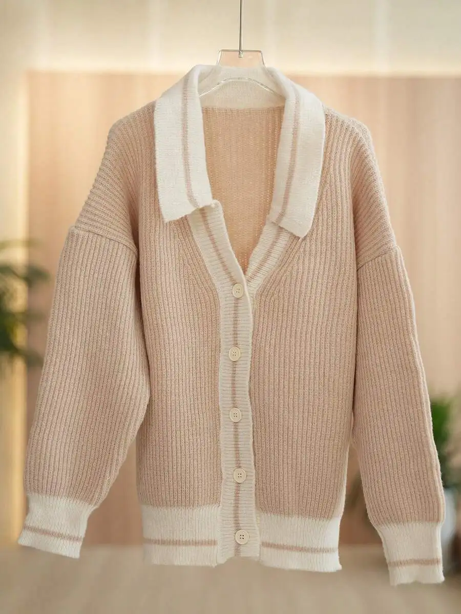 

Spring Womens Turn-Down Collar Knitted Cardigan Korean Style Loose Casual Sweater