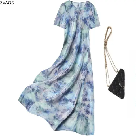 ZVAQS 100% Naturlig Mulberry Silk Klänning Kvinna 2025 Sommar Blå Långa Klänningar Eleganta Tryckta Festklänningar Damkläder Vestidos 10 best sales 100 sidenklänningar - №8