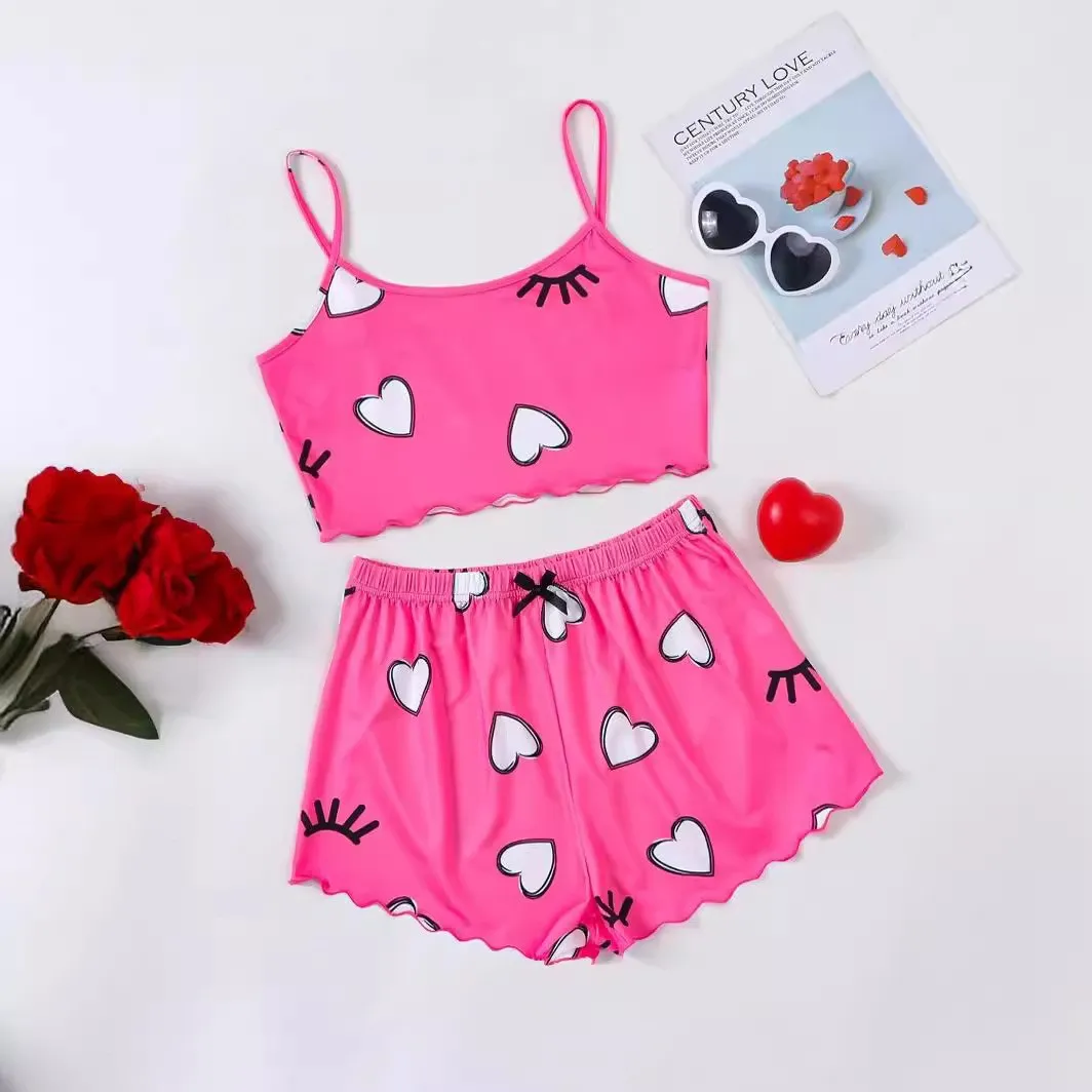 Valentine\'s Gifts Heart & Eyelash Print Trim Pajama Set Crew Neck Crop Top & Elastic Shorts Women\'s Sleepwear & Loungewear