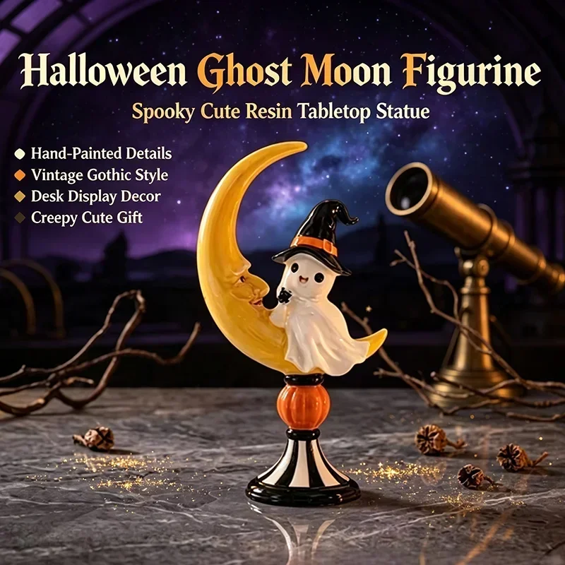 Halloween Ghost On Crescent Moon Figurine Cute Witch Hat Ghost Statue Pumpkin Pedestal Ornament Home Tabletop Party Decor Gift