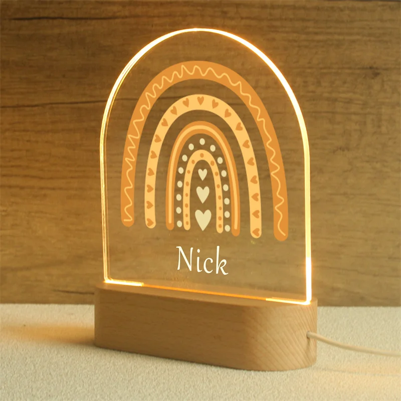 Custom LED Night Light with Wooden Base,Baby Night Light,Cute Rainbow Lamp,Personalized Night Light,Baby Girl Gift