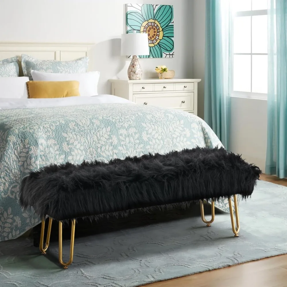 Black Faux Fur Ottoman Bench Upholstered Furry Entryway Bedroom Bench with Gold Metal Legs