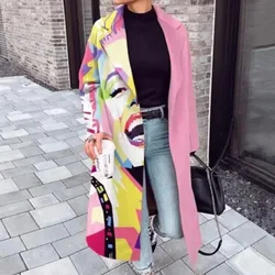Women Printed Casual Long Sleeve Autumn Winter Fashion Loose Coat Wool Blend Jacket Trench