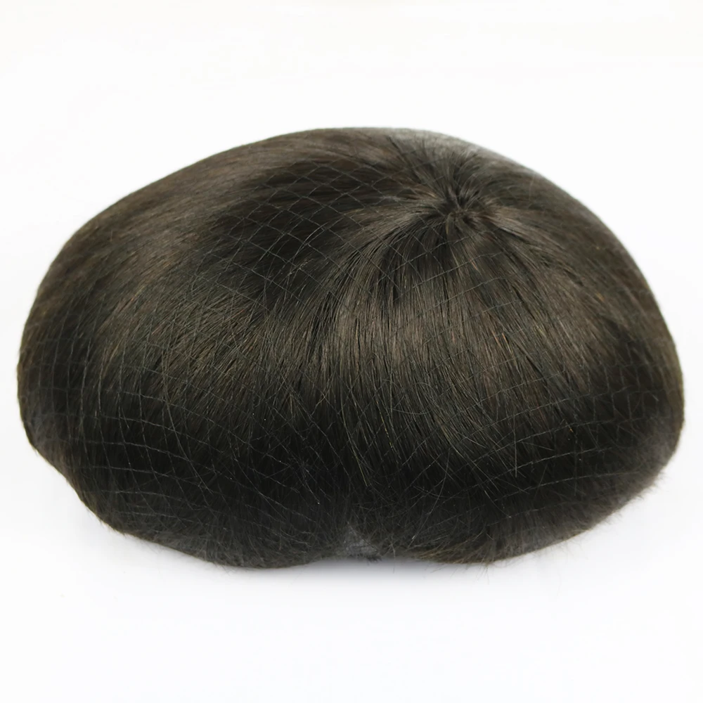 Wig pria tahan lama hitam pirang coklat 100% rambut manusia Toupee atasan renda jaring Mono & kulit Pu antilembap sistem prosteti pria