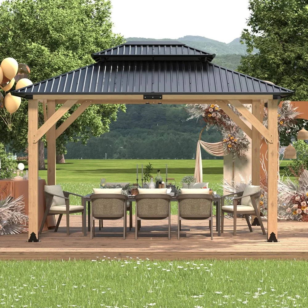 

10’x12’ Outdoor Wooden Gazebo - Outdoor Patio Gazebo with Galvanized Steel Double Roof, Heavy-Duty Cedar Wood Pavilion for Garde