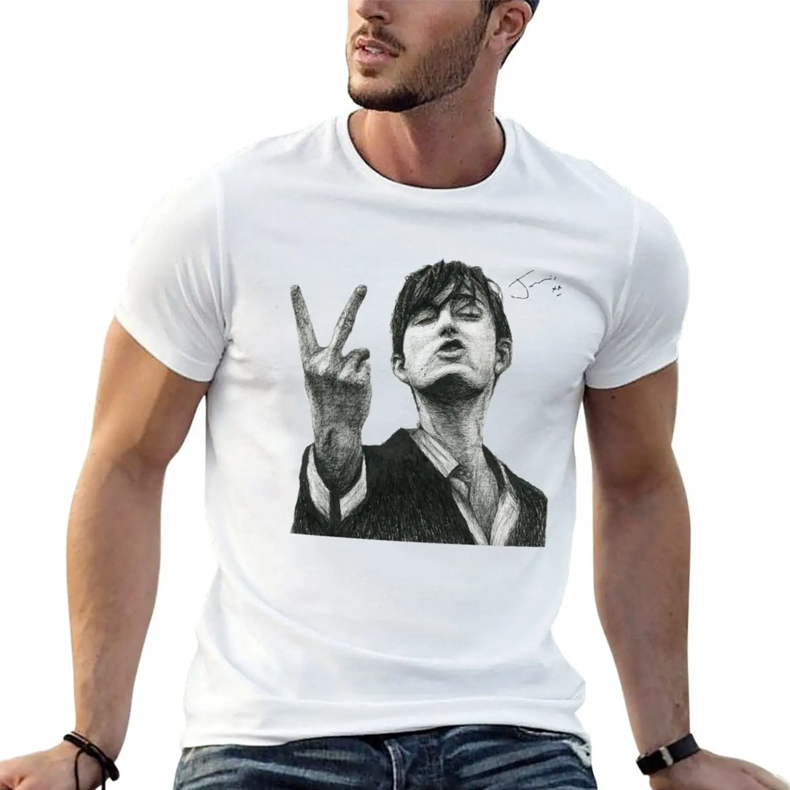 Jarvis Cocker Outline V Sign Sketch with Autograph and Background -Iconic Jarvis Moment T-Shirt