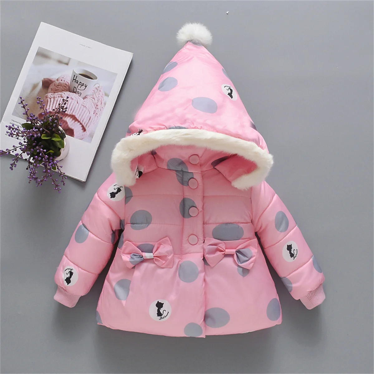 Winter Girls\' Cotton Coat New Dotted Cat Print With Hat Bow Tie Warm Casual Coat