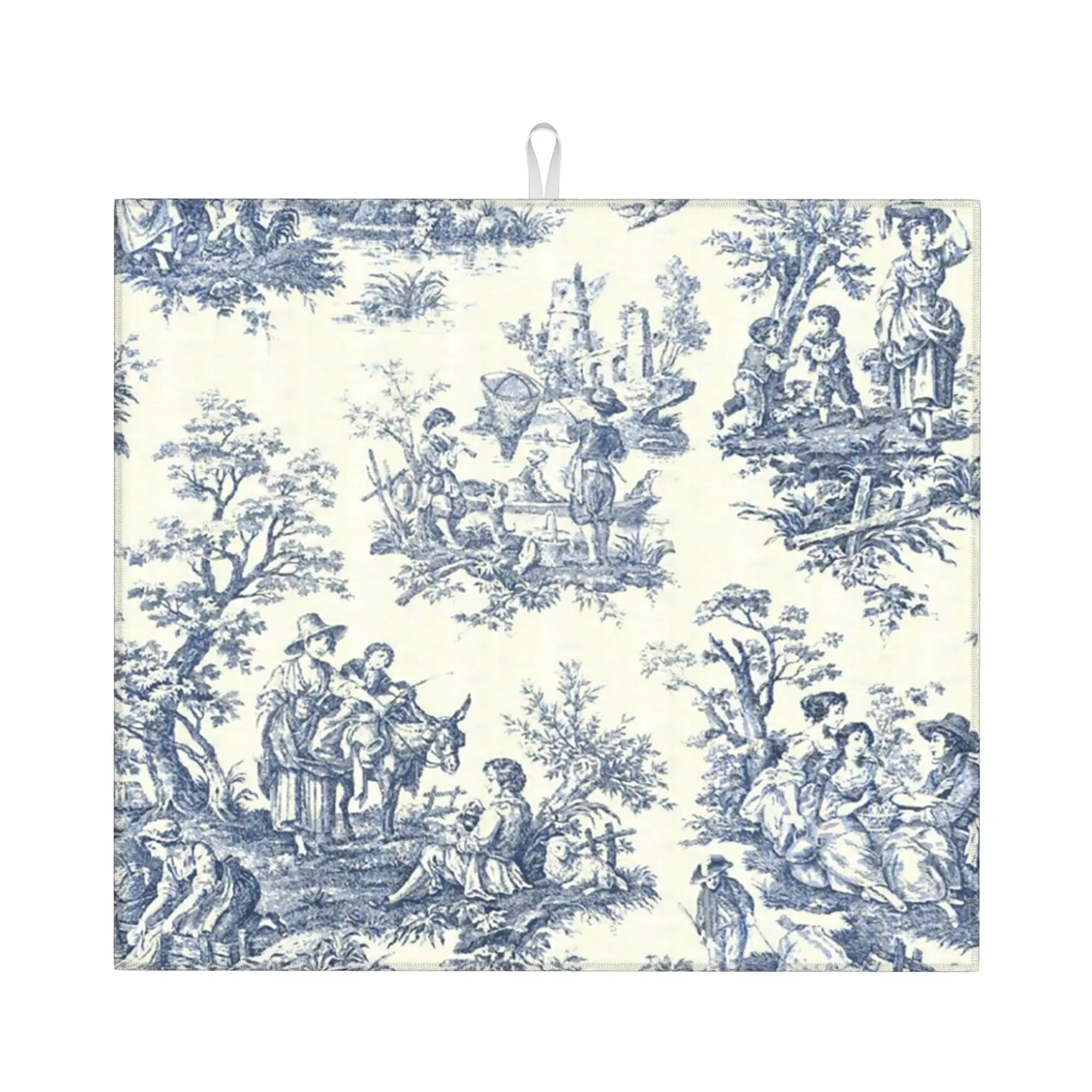 Powder Blue French Toile Picnic Designs Drying Mat For Kitchen Waterproof Non‑Slip Oil Proof Reusable Countertop Protector Mat