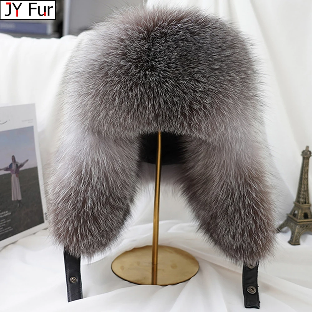 New Winter Men\'s 100% Real Silver Fox Fur Bomber Hat Raccoon Fur Ushanka Cap Trapper Russian Man Ski Hats Caps Real Leather