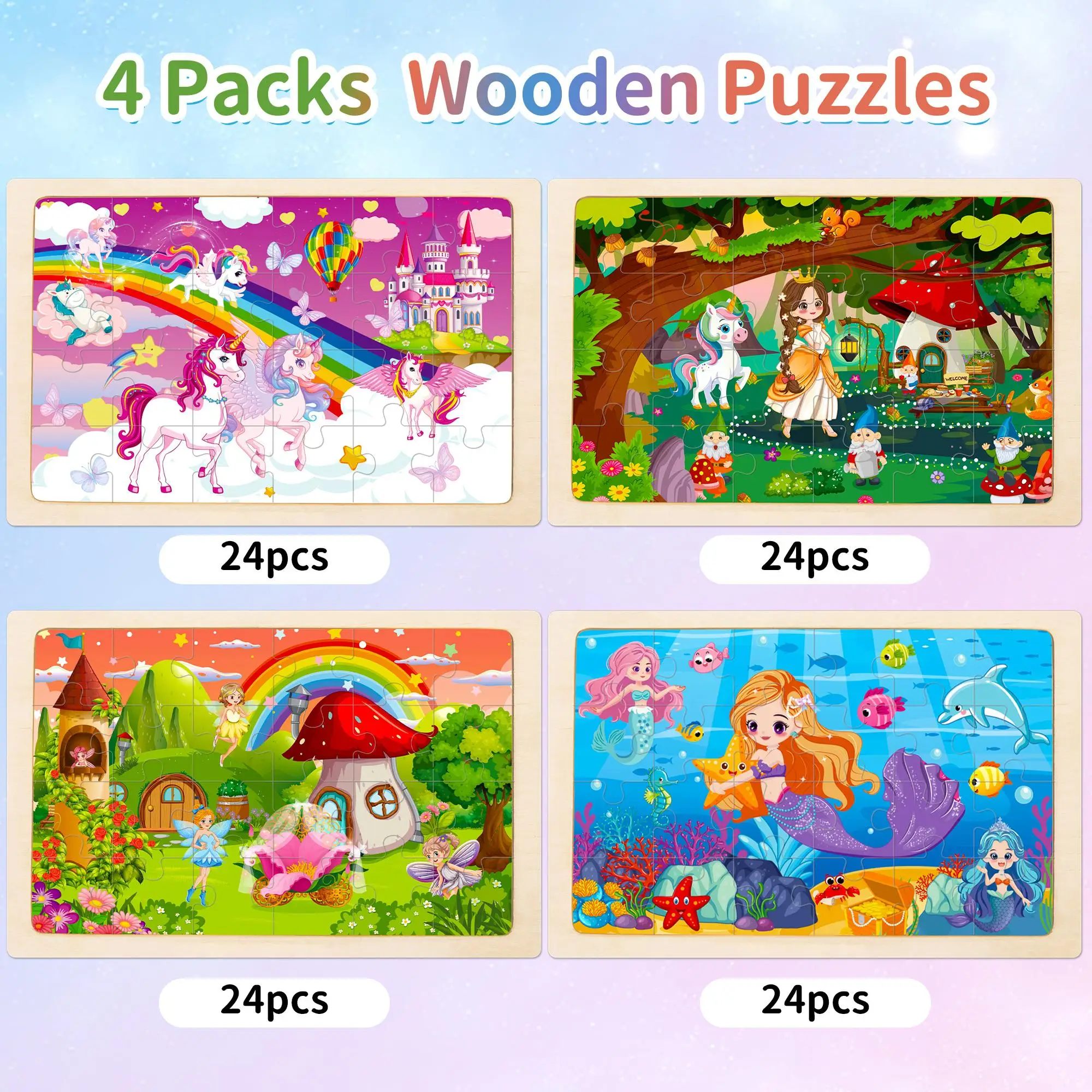 Puzzle in legno per bambini di età compresa tra 3 e 6 anni, design fata sirena principessa unicorno, giocattolo educativo, gioco di apprendimento prescolare in confezione da 4