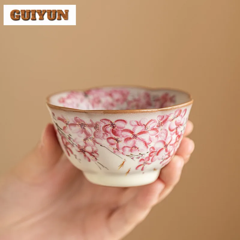 50ml High-end Lard Jelly Ru Kiln Teacup Pink Fish Play Pear Blossom Tea Bowl Personal Flower Mouth Cup Mug Women's Single Master