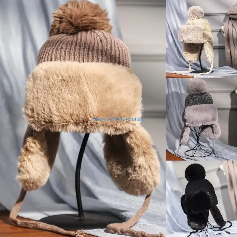 

P88B Women Winter Knitted Pom Pom Russian Trapper Hat Thick Plush Thermal Warm Outdoor Snow Ski Windproof Solid Color Cap
