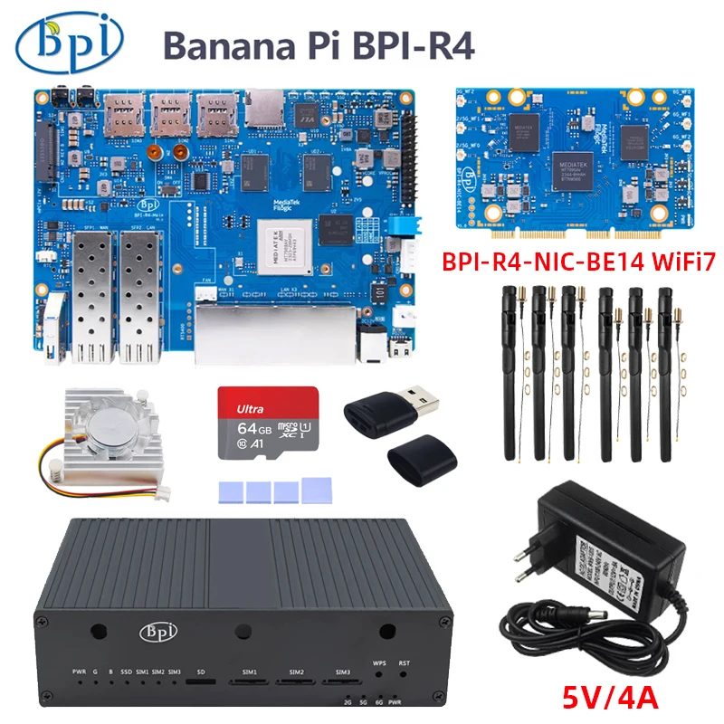 

Banana Pi BPI-R4 MediaTek MT7988A (Filogic 880) Четырехъядерный кронштейн Corex-A73 4 ГБ DDR4 8G eMMC 128 МБ SPI NAND Flash Smart Router Board