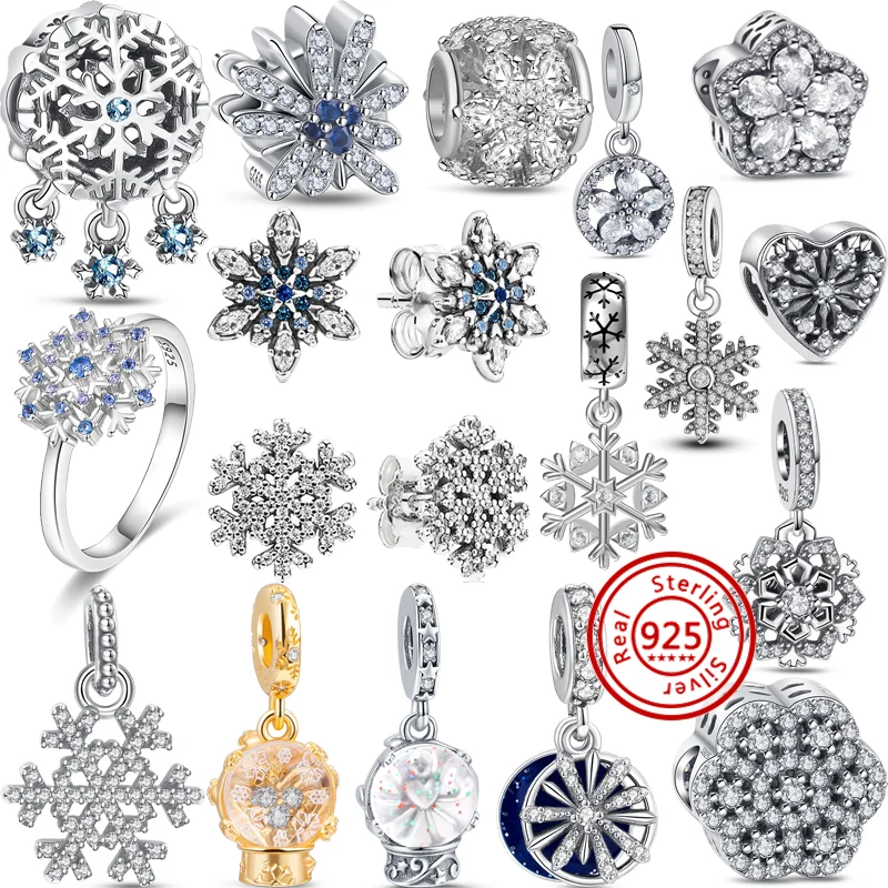 

New Winter Snowflake Snow Globe Series Sparkling Pavé Dangle Charms 925 Sterling Silver Beads Fit Pandora Bracelets DIY Jewelry