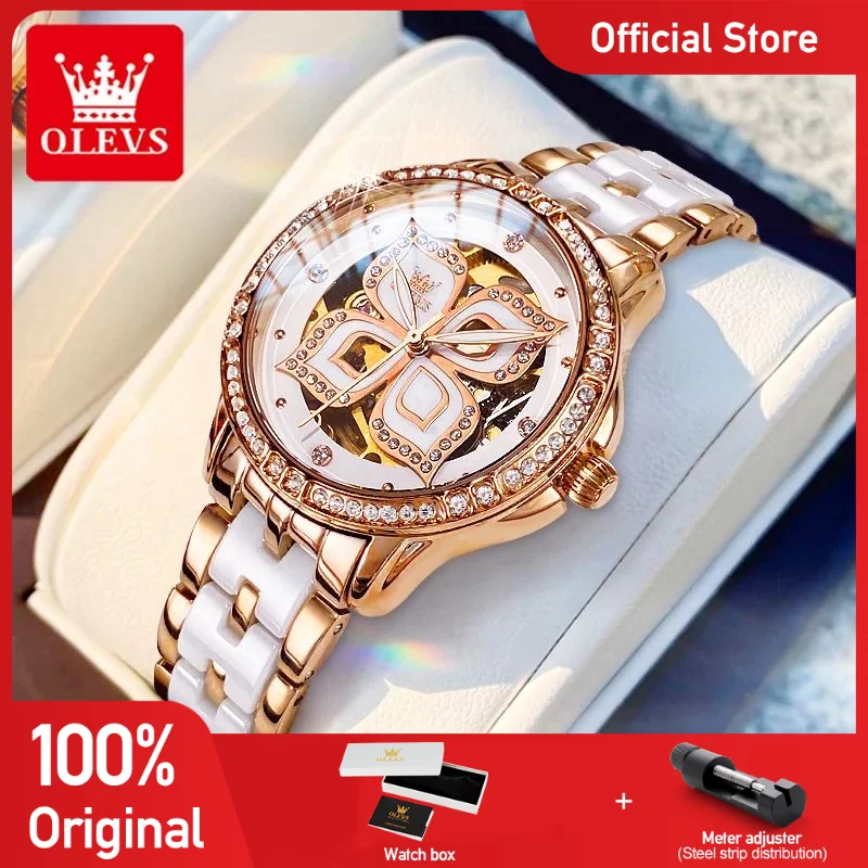 

OLEVS 6612 Ladies Watch Luxury Brand Hollowed Automatic Mechanical Watch Four-Leaf Clover Dial Watch For Women Bracelet Set Box