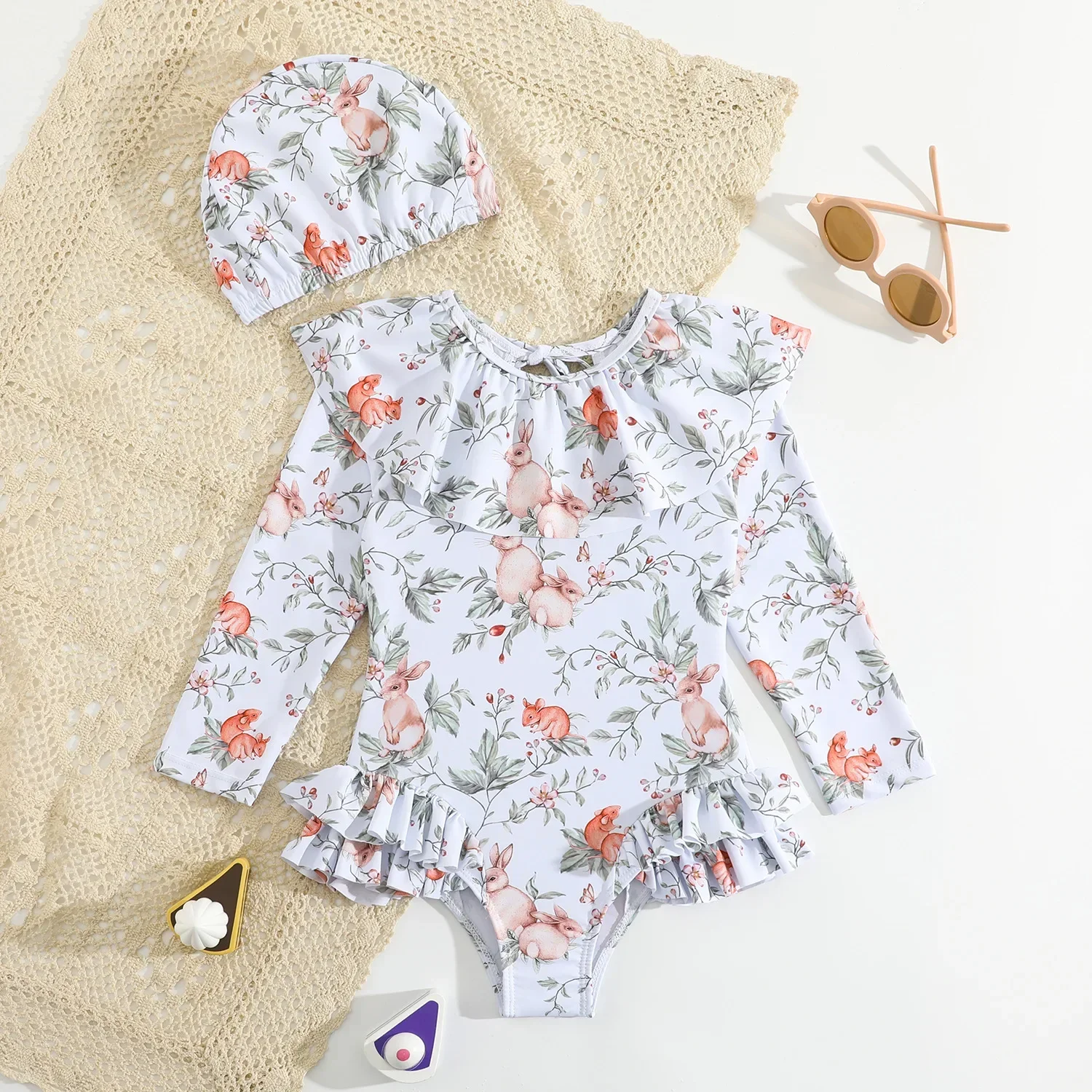 

Summer Girls One-piece Swimsuit Kids Cartoon Rabbit Print Long Sleeve Zipper Sunscreen Quick-Dry Swimwear Baby Bathing Costume