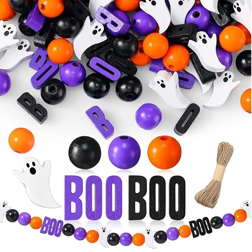 Spooky Boo Face Halloween Wood Beads SET- Multicolor Pumpkin Ghost Wooden Beads with Hemp Rope, DIY Home Decor Party Decorations