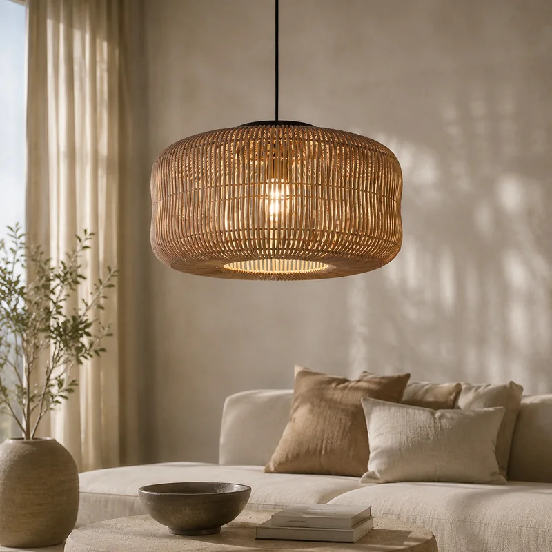 Wabi Sabi Rattan Woven Shade Minimalist Japanese Style Handcrafted Natural Fiber Texture Decor For Living Room Pendant Lamp