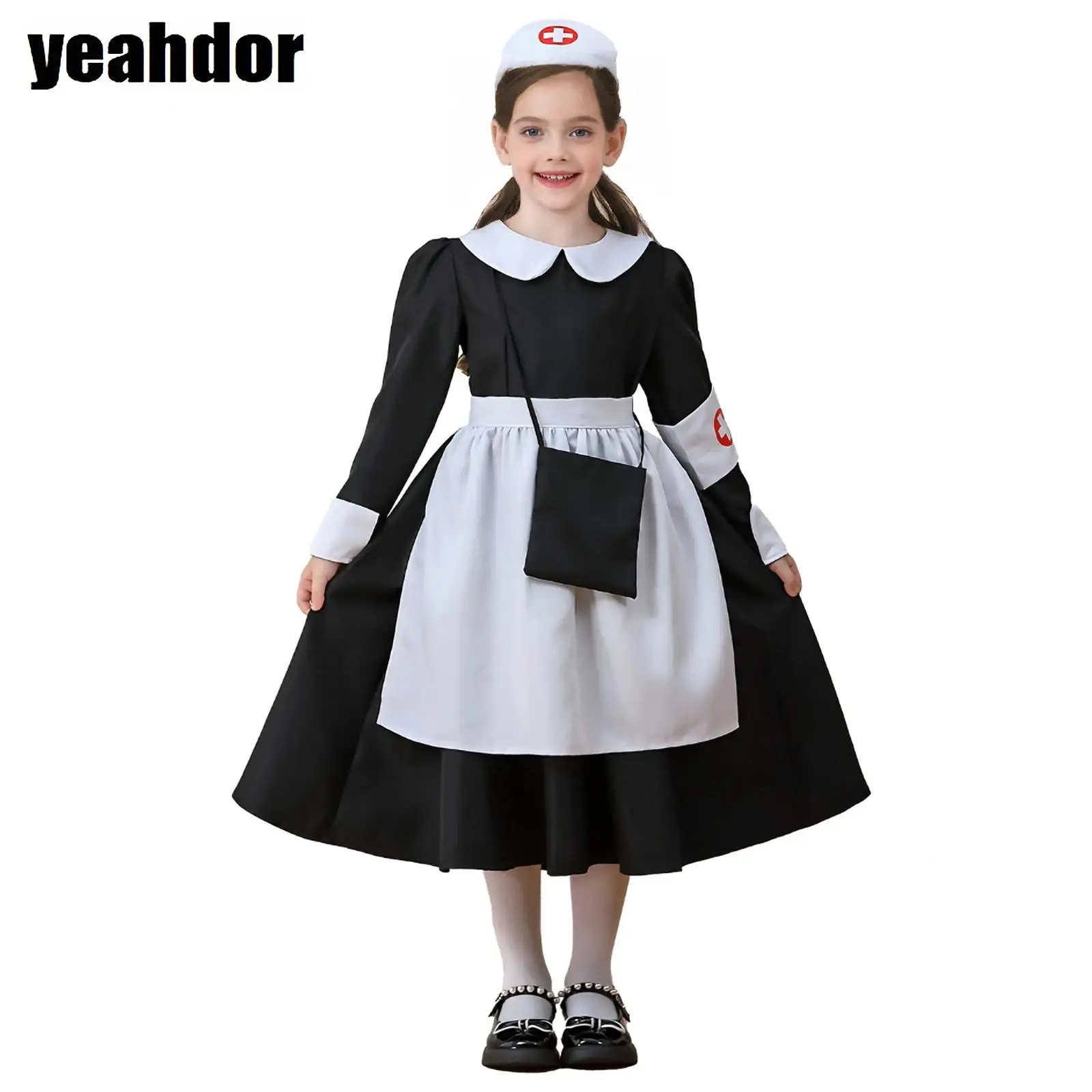 

Girls 4Pcs Nurse Costume Turn-Down Collar Long Sleeve Ruffle Dress with Cross Print Headwear Armband Apron Halloween Nurse Dres