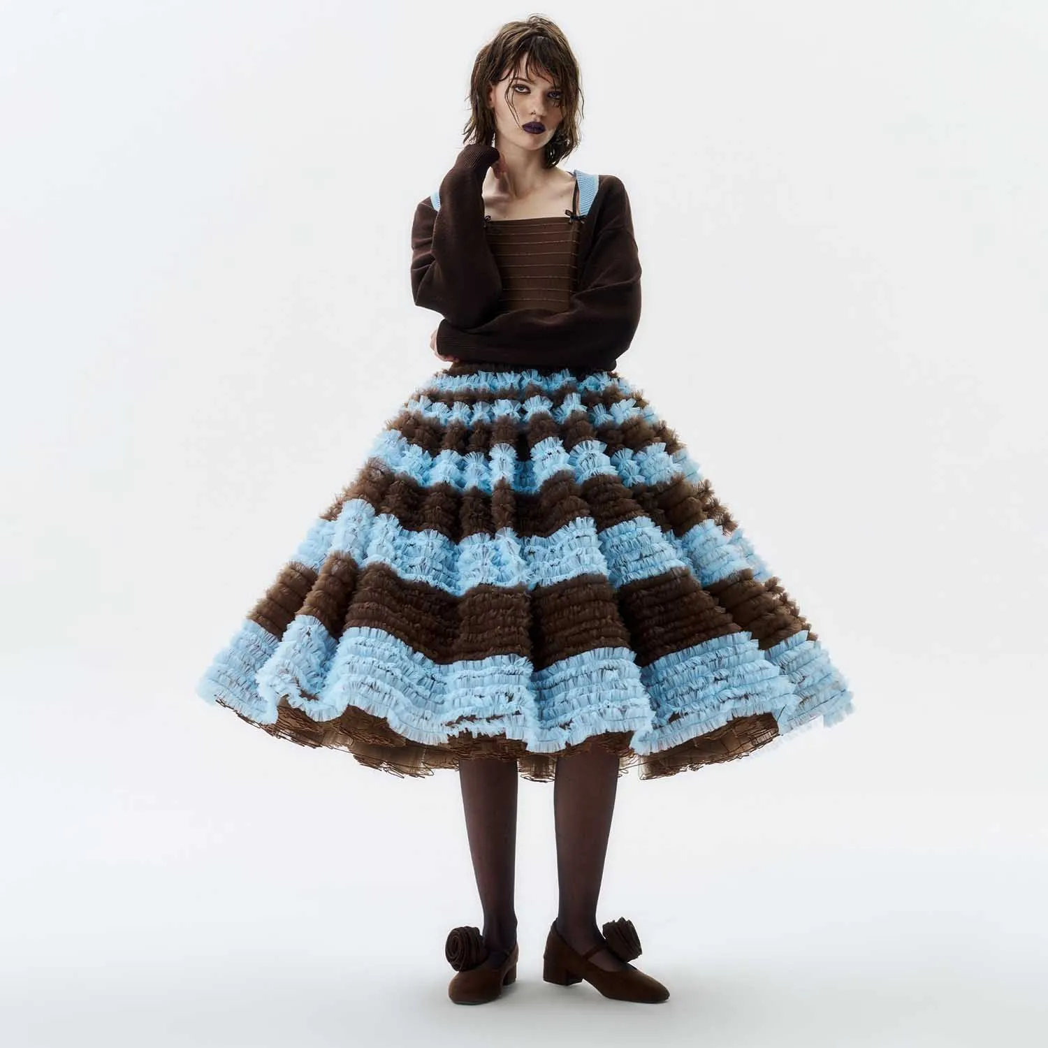 

Hippie Double Layer Ruffled Skirt Horizontal Stripe Tulle Skirt Elastic Waist Puffy Mesh Performance Costume Tutu Skirts Custom