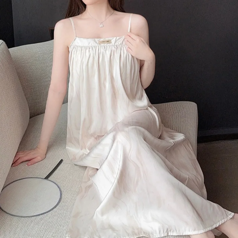 تنورة نوم على الطراز الفرنسي للنساء، سترة أنيقة، فستان طويل، بدون أكمام، حزام معلق، ملابس منزلية مريحة