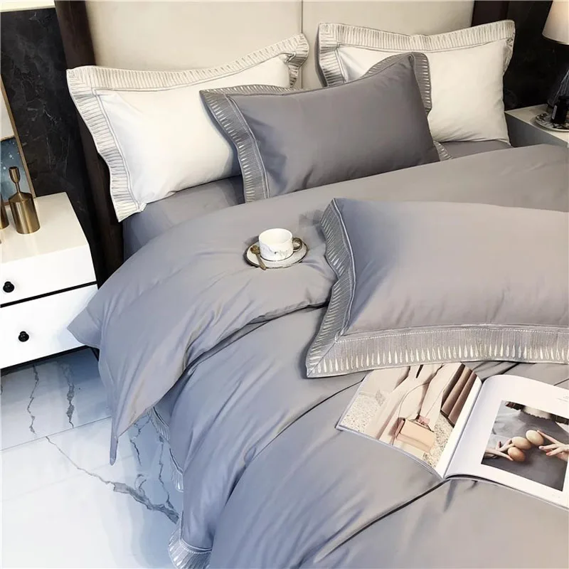 2024 High-end Light Luxury Style Long-staple Cotton Four-piece Set Pure Cotton New Sate Embroidery Quilt Set Bedding Gray Color