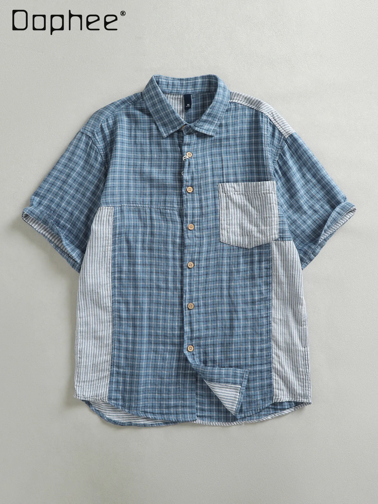 

Men's Summer New Blue Patchwork Plaid Striped Short Sleeve Shirt Casual Loose Daily Cotton Blend Button-Down Top