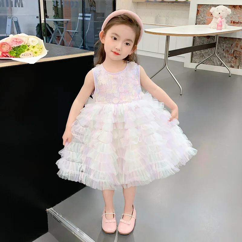 

Summer Girls Dress Children'S Clothing Toddler Baby Kids Suspender Plaid Vest Dress Lace Stitching Cake Princess Dress