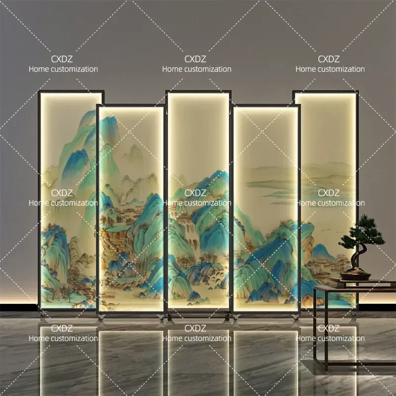 New Chinese Style Luminous Screen Partition with Lamp Metal Mobile Semi-transparent Divider for Living Room Hotel Tea Room