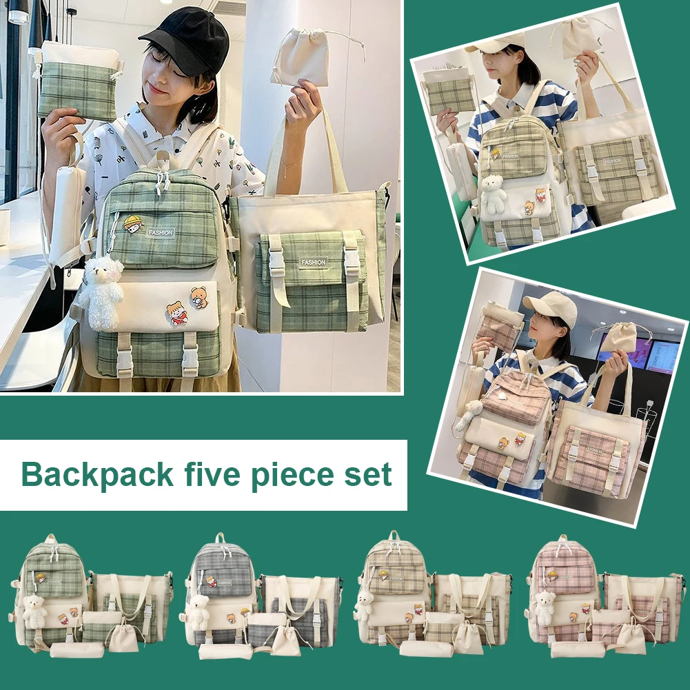 

5pcs/set Aesthetic Backpacks Large Capacity Canvas School Backpack Waterproof Shoulder Tote Bag Pendant Badge for Travel Office