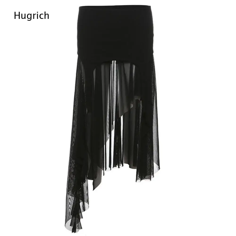 Women Khaki High Waist Irregular Asymmetric Ruffle Mesh Midi Skirt Layered Raw Cut Hem Slim Y2K Fairy Long Skirt