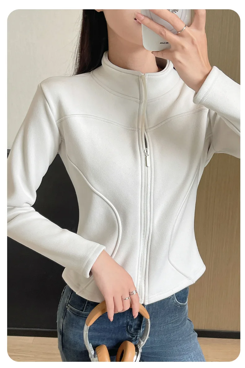 Women's Slim Fit Fleece Lined Short Sweatshirt Jacket Autumn Winter Thick Warm Zipper Jackets Woman Solid Stand Collar Yoga Wear