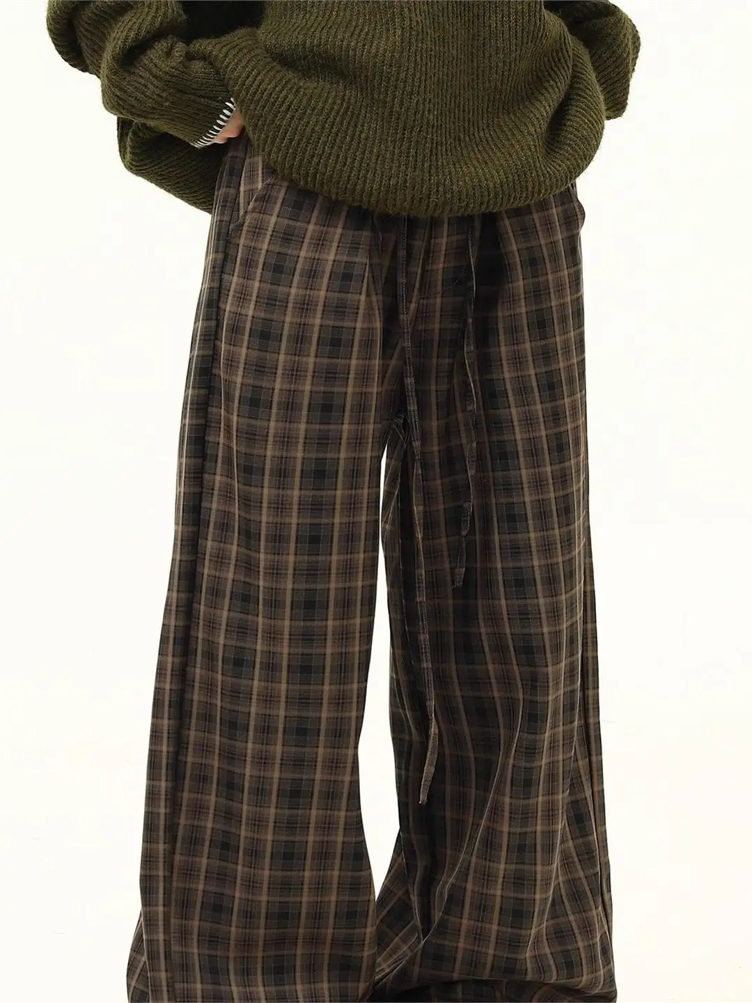 

Retro Japanese Plaid Pants Loose Straight Casual Trousers Men Women High Waist Wide Leg Pants Autumn Spring Seasonal Wear