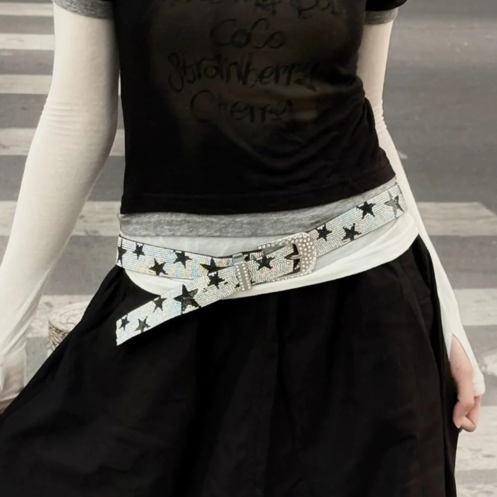 ファッション Y2K 五芒星ベルトストラップバックルパンク光沢のあるスターウエストバンドヴィンテージ誇張ジーンズ装飾ウエストアクセサリー