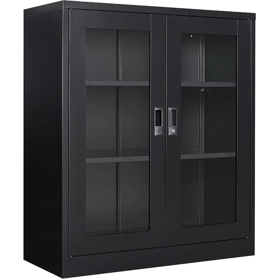 Office storage cabinet for home office, living/dining/utility room; black metal with acrylic doors and shelves; locking feature