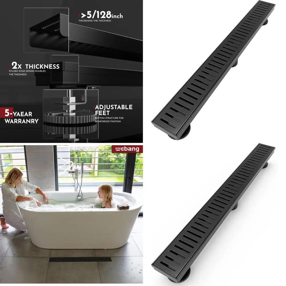 

24-дюймовый матовый черный линейный душевой трап с съемной решеткой из нержавеющей стали и аксессуарами