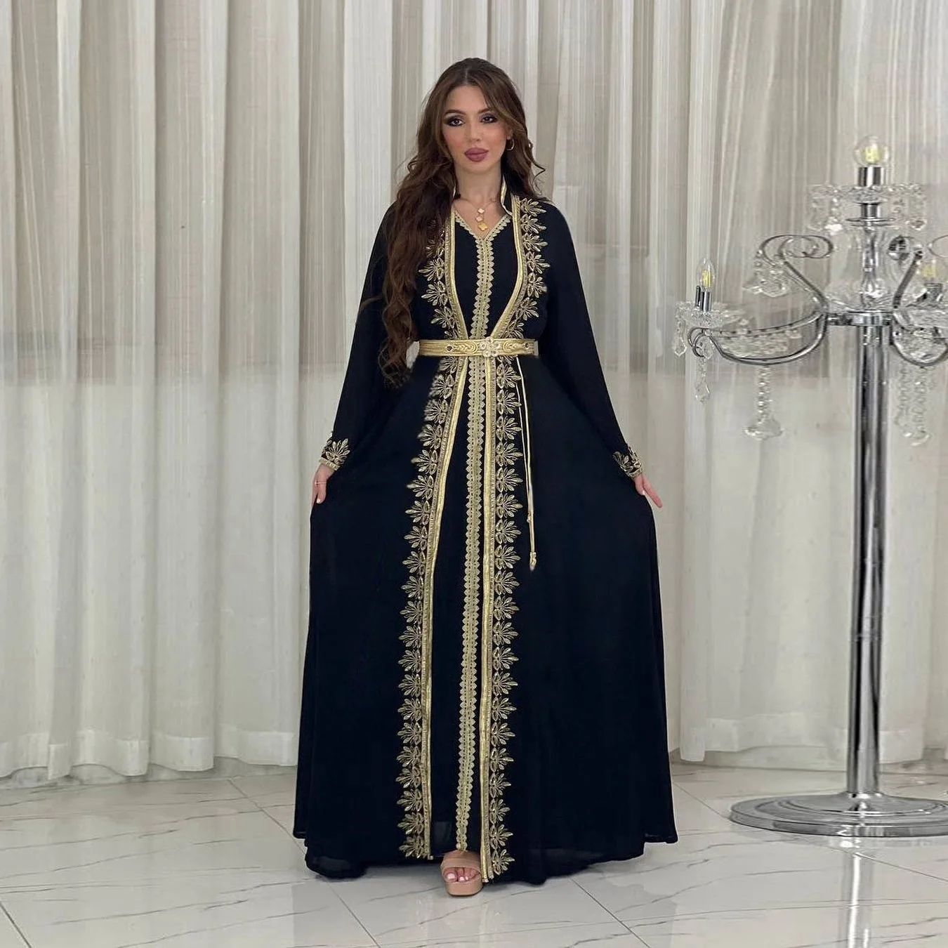 

AB422 Muslim Dress Women's Fashion Ribbon Robe Two Piece Set New Style