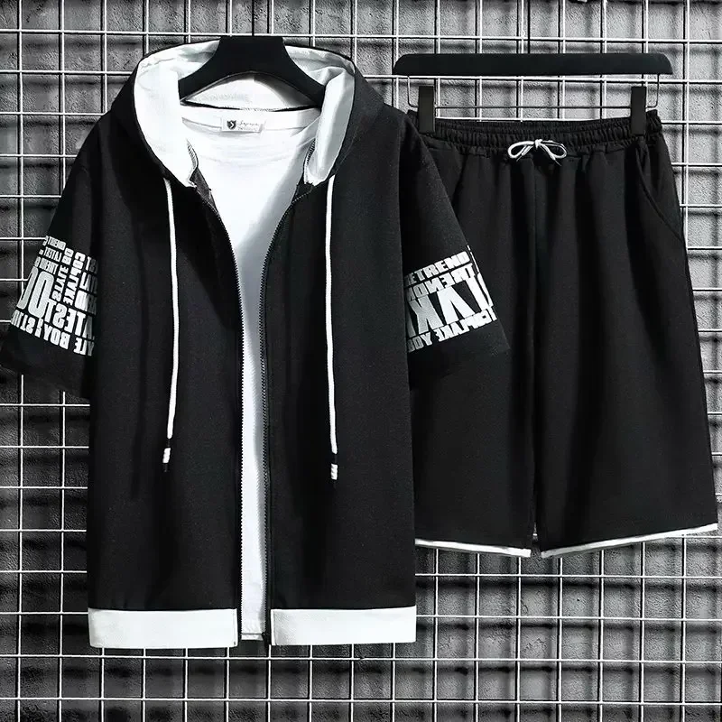 Summer Thin Men\'s Sports Suit 2-piece Set Casual Hooded Quick Dry Running Exercise Clothes Short Sleeve Shorts