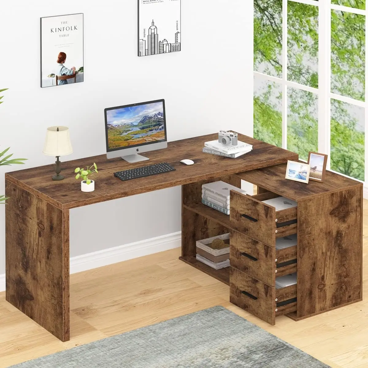 L Shape Home Office Desk with Drawers, L-Shaped Computer Desk with Storage Cabinet Shelves, Wood Executive Desk for Writing Work