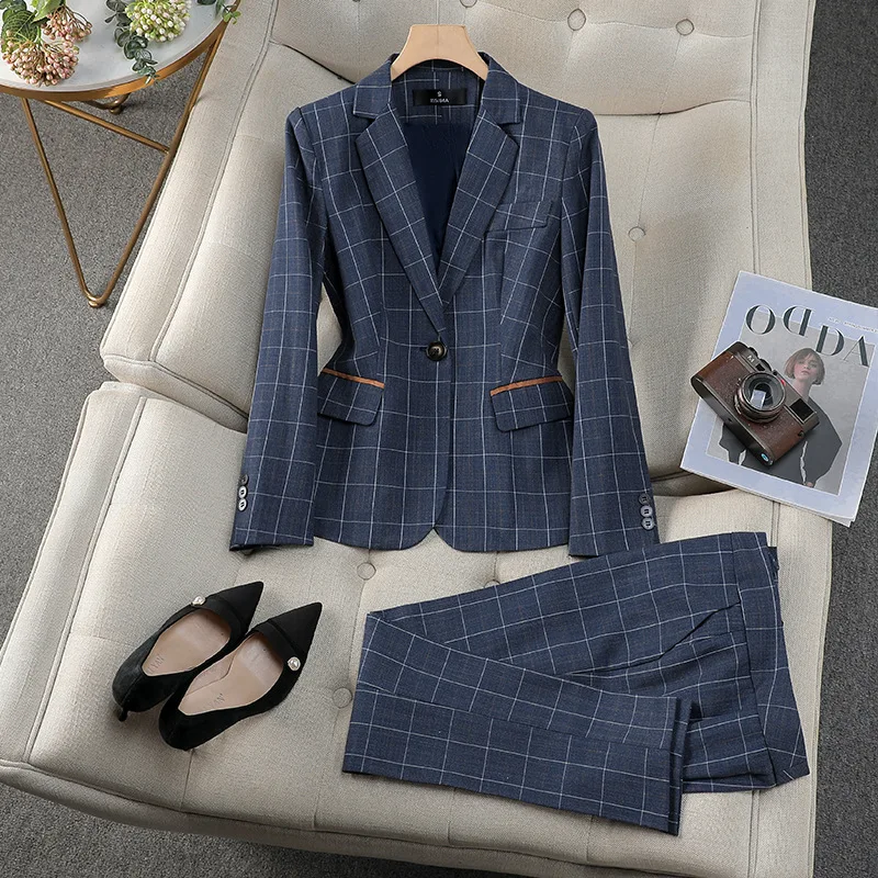 Apricot Plaid Pant Suits for Women Blazer British Style Capable Fashionable High-end Professional Clothing OL Clothes Suit Pants