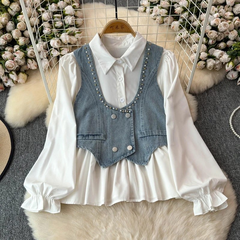 

Spring Autumn Bouse Women Long Sleeves White Shirt Lotus Leaf Hem Blouse With Denim Vest two-piece set