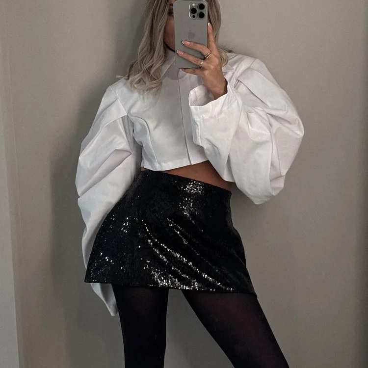 Autumn French Style Minimalist Spicy Girl Short Style Exposed Navel Women's Shirt Cotton Versatile Lapel Long Sleeved Top 2025