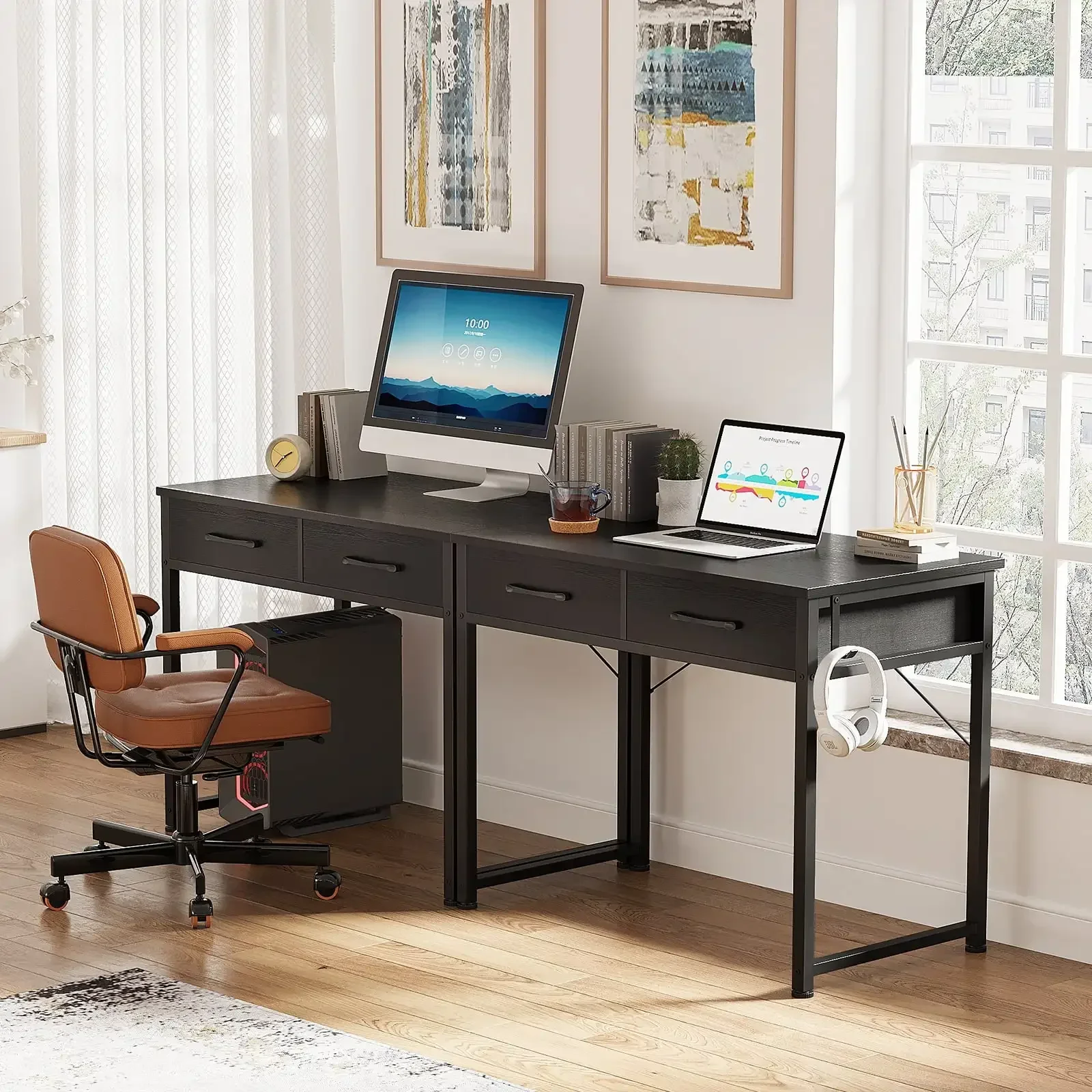 32 Inch Black Writing Desk with 2 Fabric Drawers, Modern Study Table with Storage  Small Space, Home Office Desk