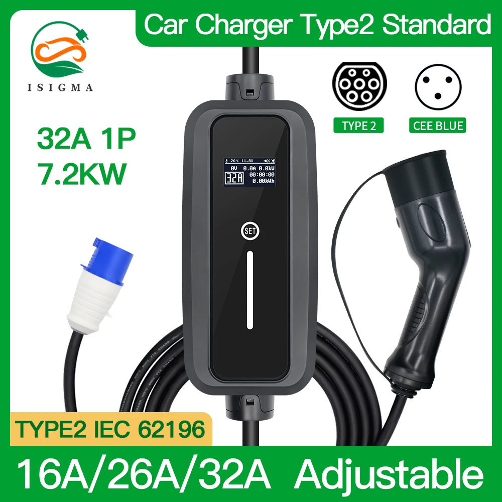 

Portable EV Car Charger Type 2 IEC 62196 2 Level 2 32A 1 Phase 7.2KW EVSE Adjustable Current Electric Vehicle Charger for Home