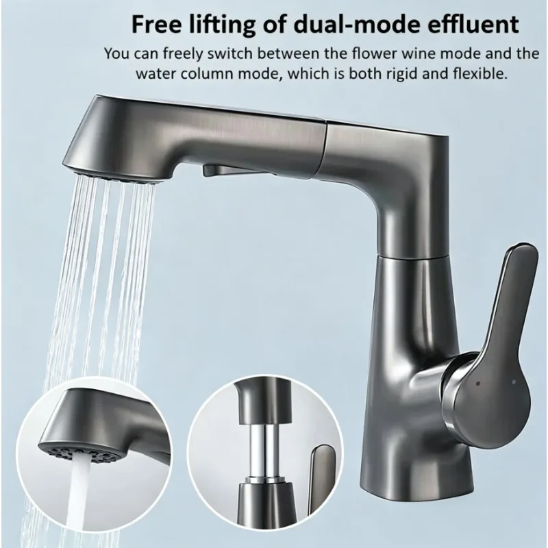 Pull-out faucet in bathroom, hot and cold dual-purpose lifting washstand, splash-proof washbasin faucet