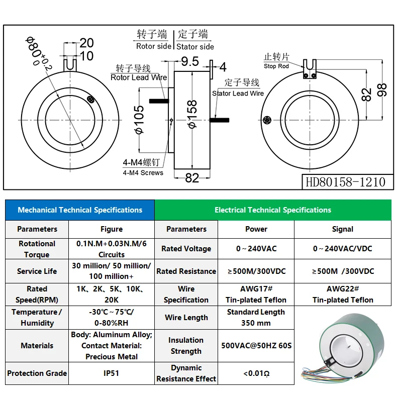 Conductive Rotating Slip Ring ID 80 mm OD 158 mm 12 Circuits Through Hole Contact for Machine Motor Part Mechanical Electrical