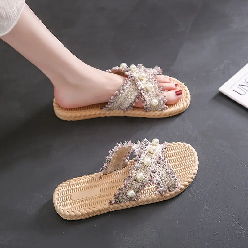 Sandals Flat on Beach Summer Jewels Woman Slippers Pink Low Heel Slides Rhenstone Shoes for Women 2024 Crystals New Collection I