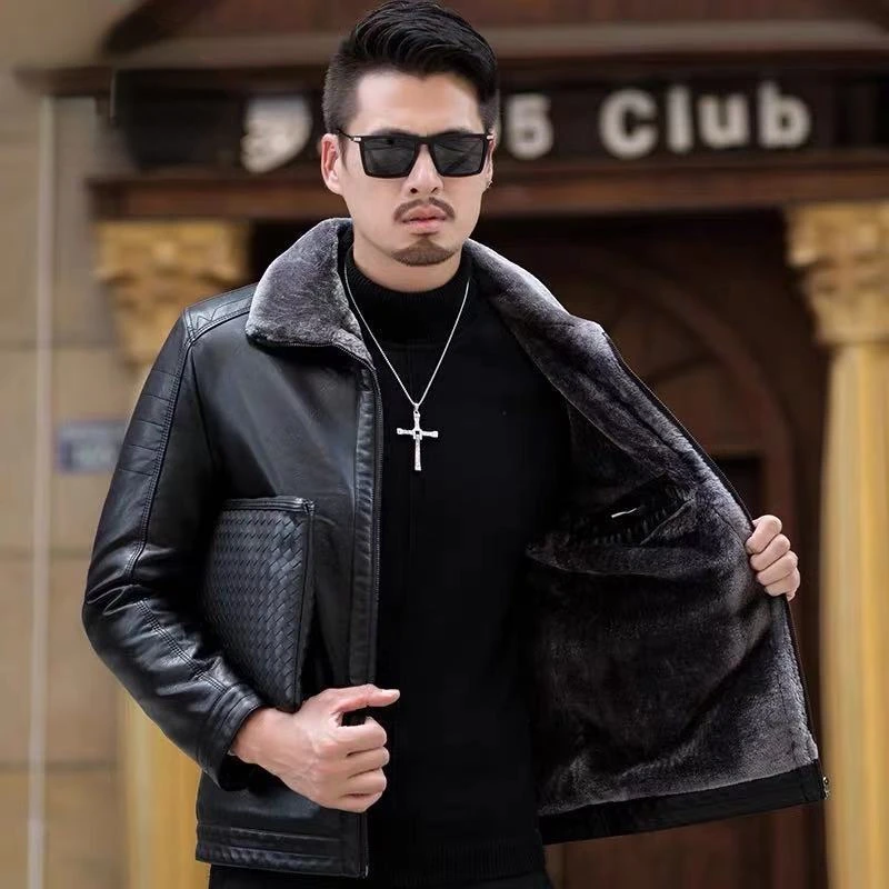 

Autumn Winter Men Windproof PU Leather Jacket Fleece Luxury Brand Zipper Jackets High Quality Coats Long Sleeve Outerwear Black