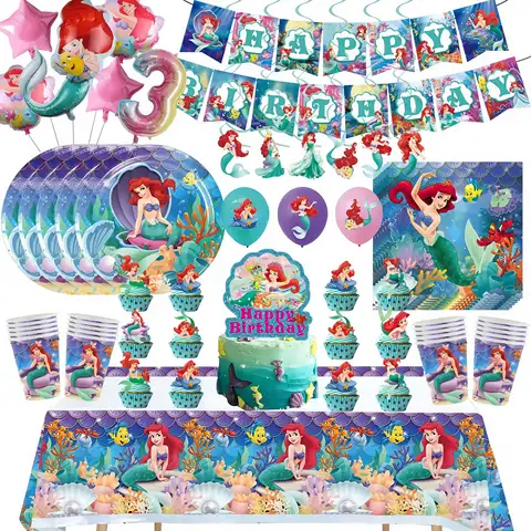 Mermaid Ariel Birthday Party Decoration Princess Tableware Balloon Cup Plate Banner for Kids Party Favor Baby Shower Supplies
